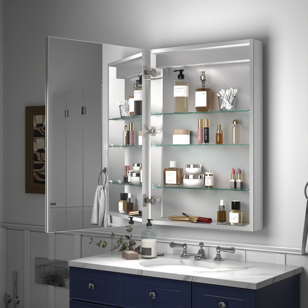Rim 24" W x 36" H Led Lighted Medicine Cabinet Recessed or Surface with Mirrors, Hinge On The Left