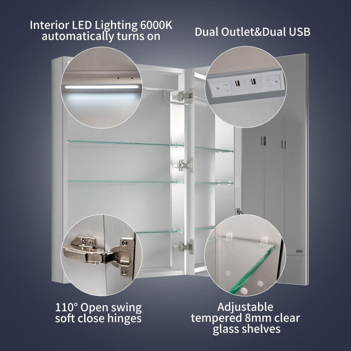 Rim 24" W x 36" H Led Lighted Medicine Cabinet Recessed or Surface with Mirrors, Hinge On The Right