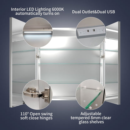 Rim 30" W x 32" H Lighted Medicine Cabinet Recessed or Surface led Medicine Cabinet with Outlets & USBs