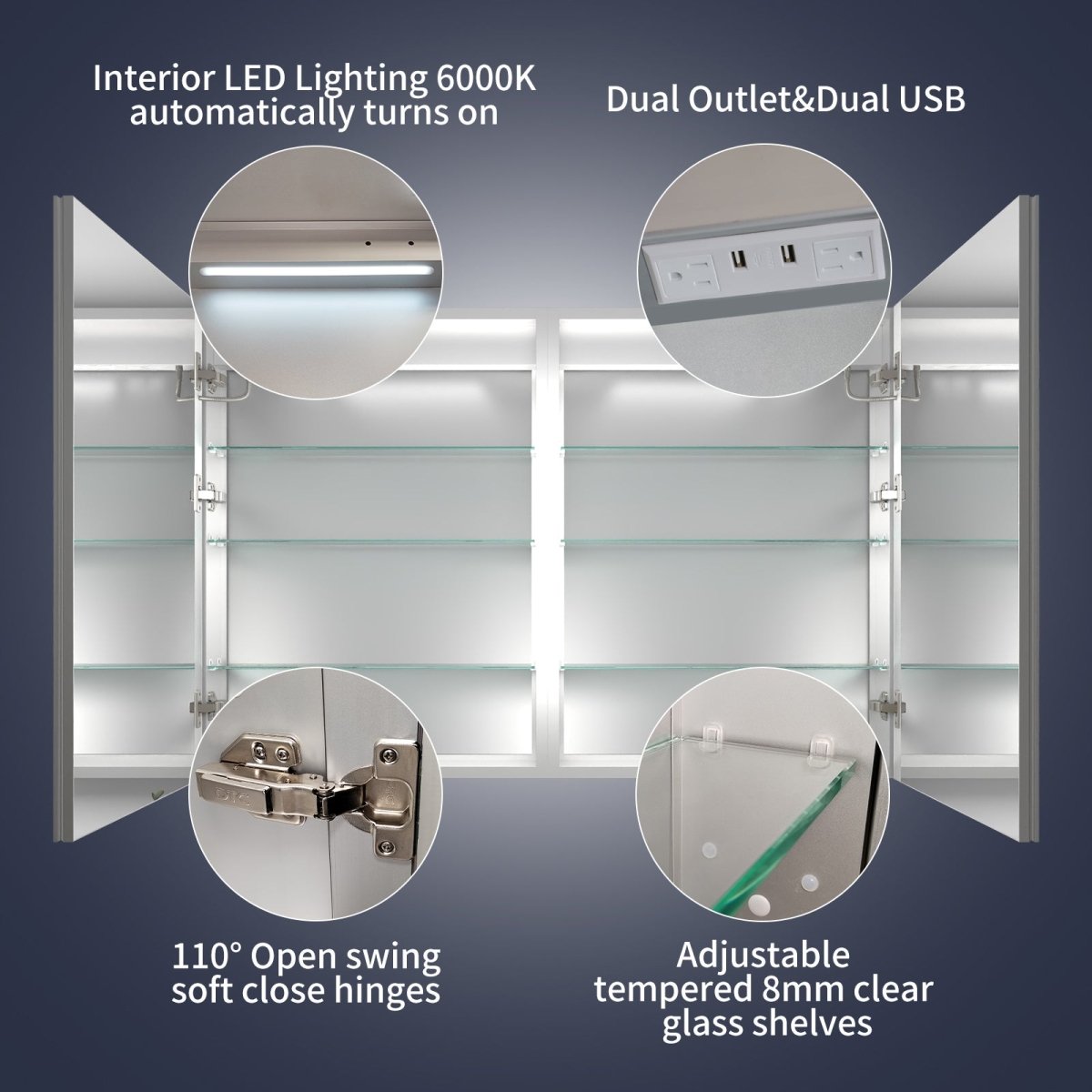 Rim 48" W x 32" H Lighted Medicine Cabinet Recessed or Surface led Medicine Cabinet with Outlets & USBs