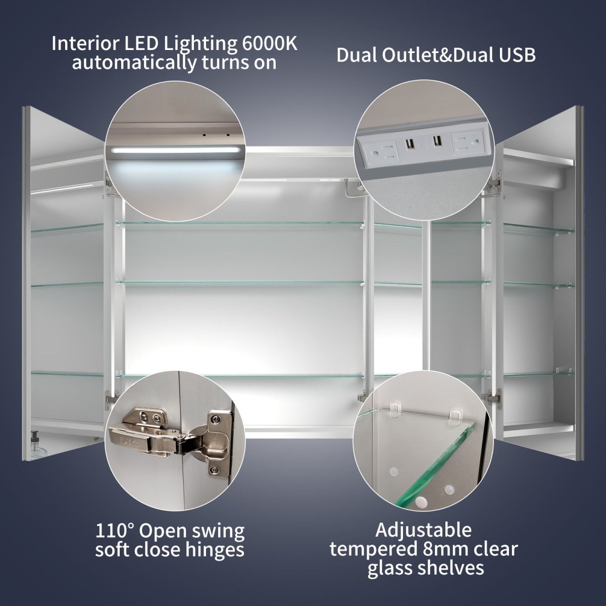 Rim 48" W x 36" H Led Lighted Medicine Cabinet Recessed or Surface with Clock and mirrors