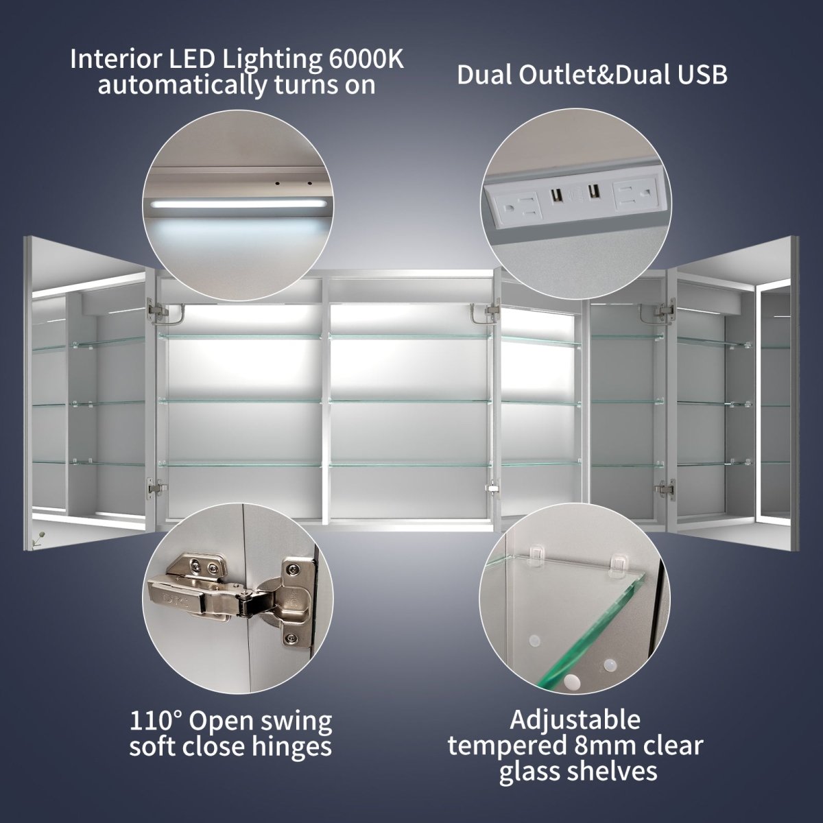 Rim 60" W x 30" H Led Lighted Medicine Cabinet Recessed or Surface with Mirrors and Clock