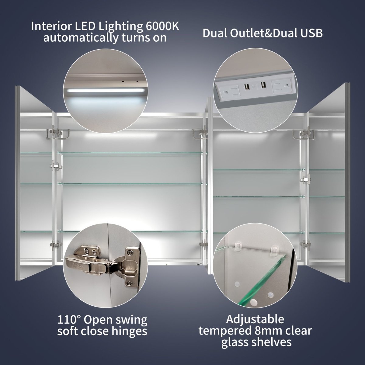 Rim 60" W x 36" H Led Lighted Medicine Cabinet Recessed or Surface with Mirrors and Clock