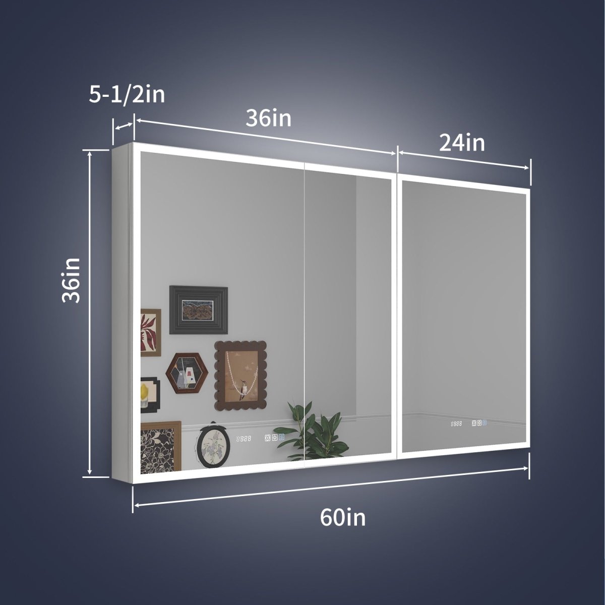 Rim 60" W x 36" H Led Lighted Medicine Cabinet Recessed or Surface with Mirrors and Clock