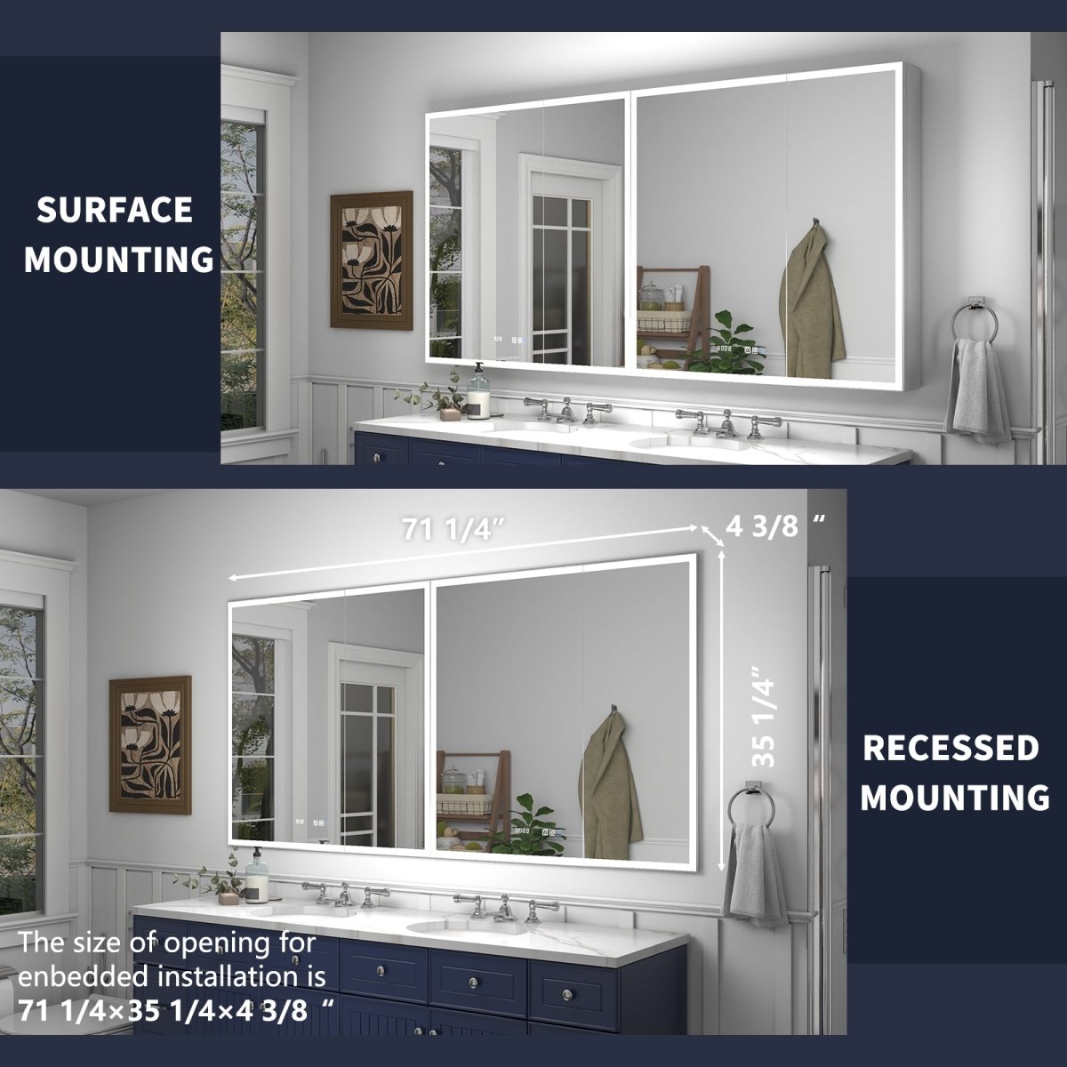 Rim 72" W x 36" H Led Lighted Medicine Cabinet Recessed or Surface with Mirrors