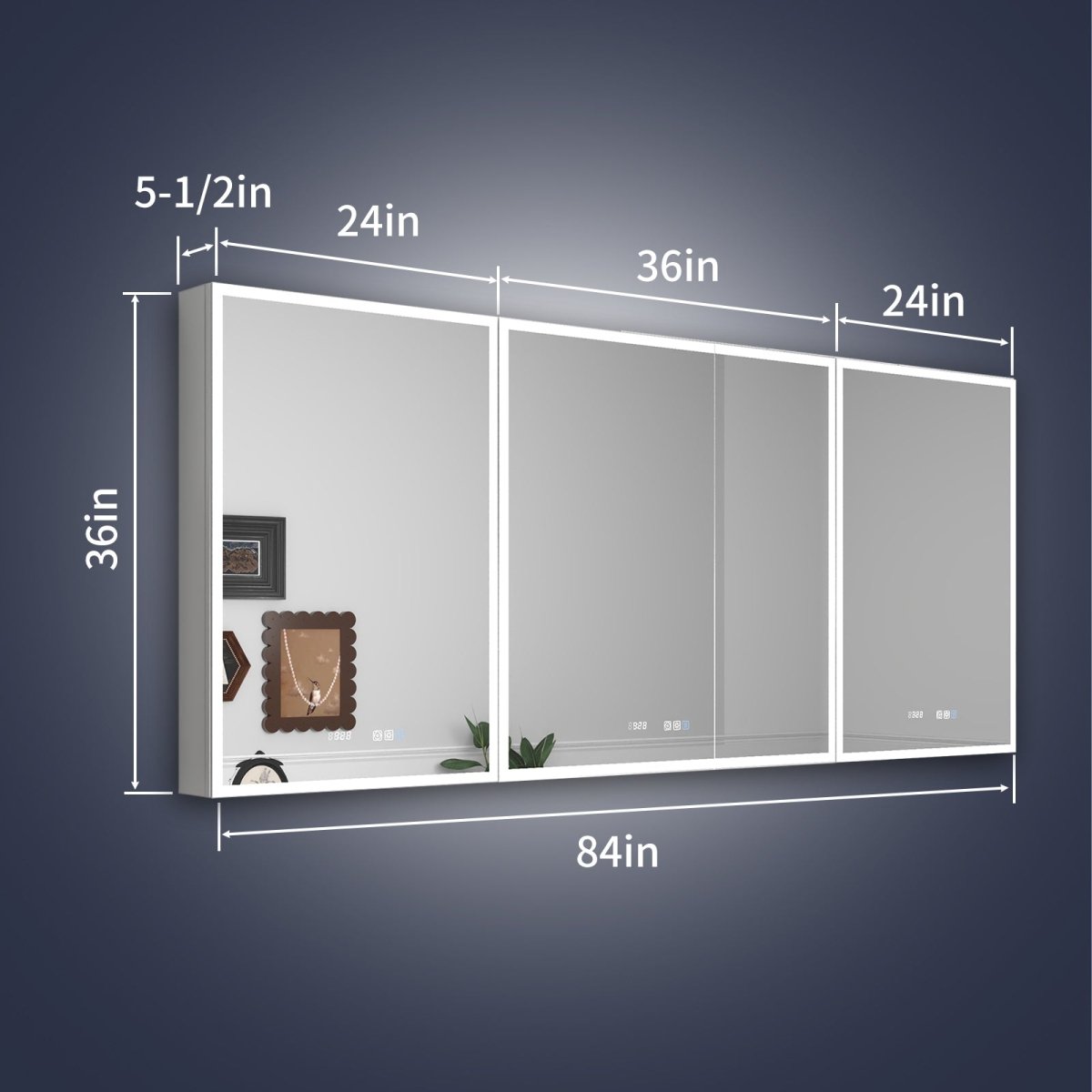 Rim 84" W x 36" H Led Lighted Medicine Cabinet Recessed or Surface with Mirrors,24 - 36 - 24