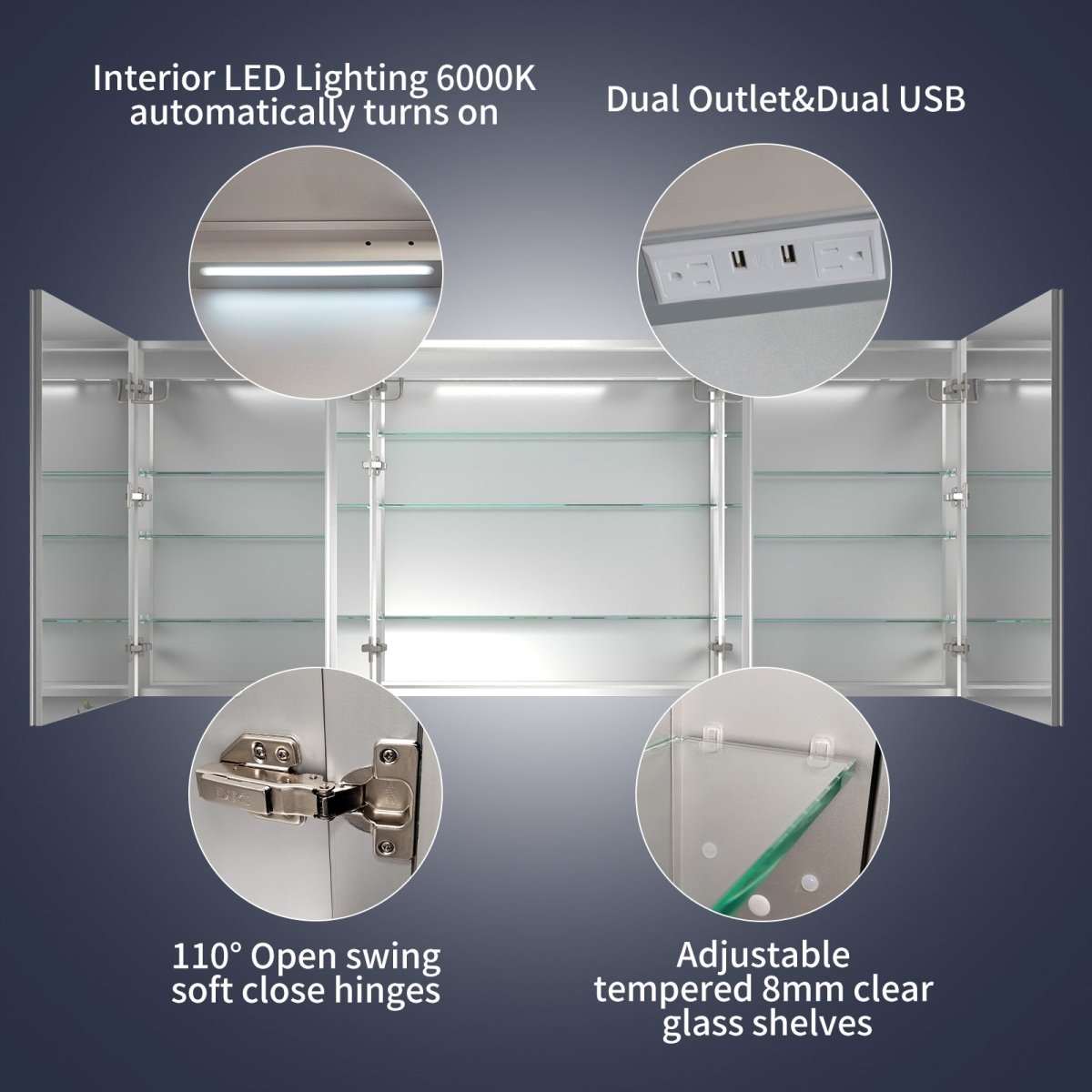 Rim 84" W x 36" H Led Lighted Medicine Cabinet Recessed or Surface with Mirrors,24 - 36 - 24