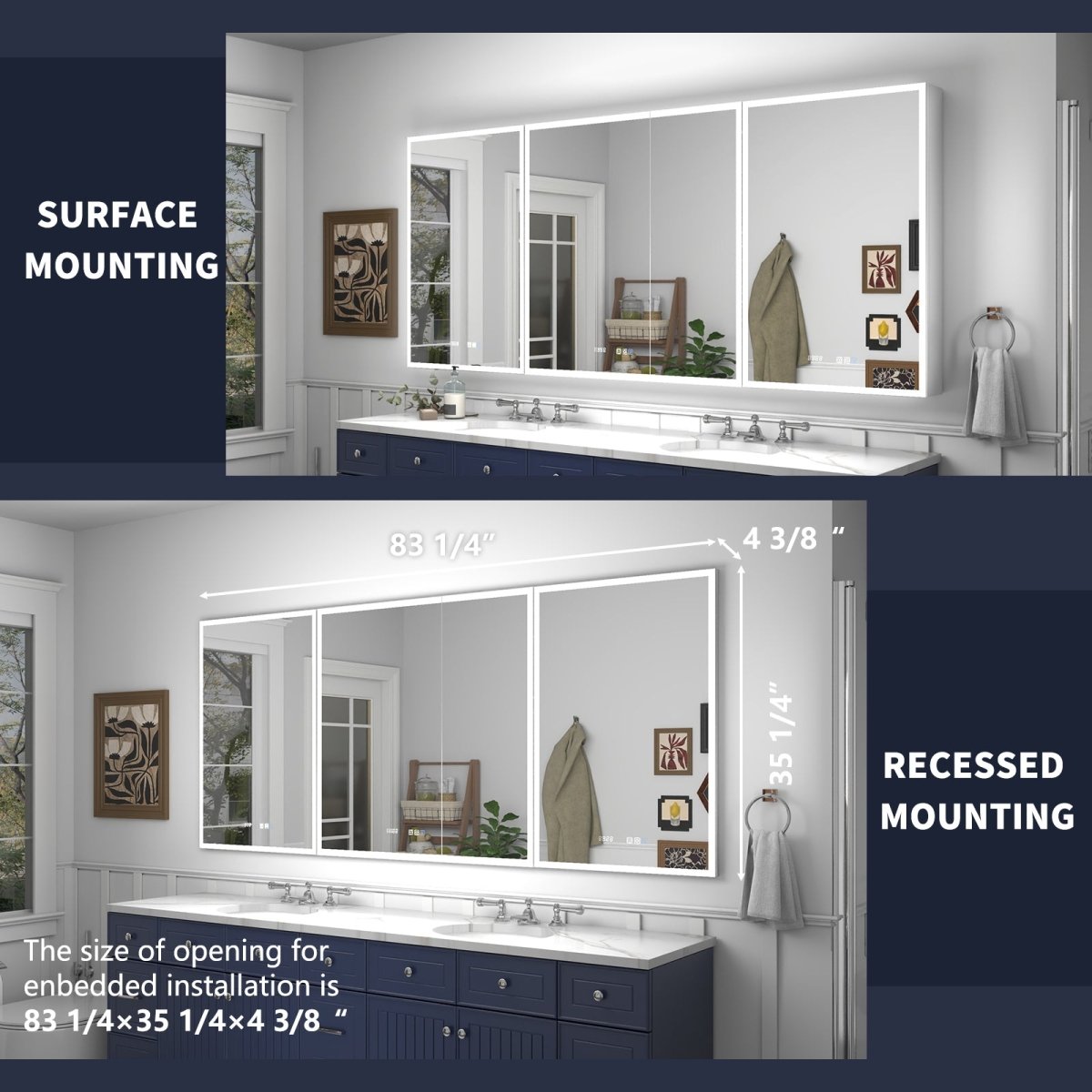 Rim 84" W x 36" H Led Lighted Medicine Cabinet Recessed or Surface with Mirrors,24 - 36 - 24