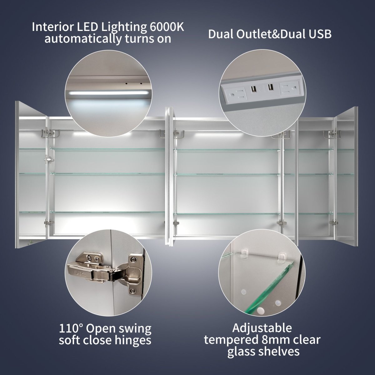 Rim 84" W x 36" H Led Lighted Medicine Cabinet Recessed or Surface with Mirrors,36 - 48