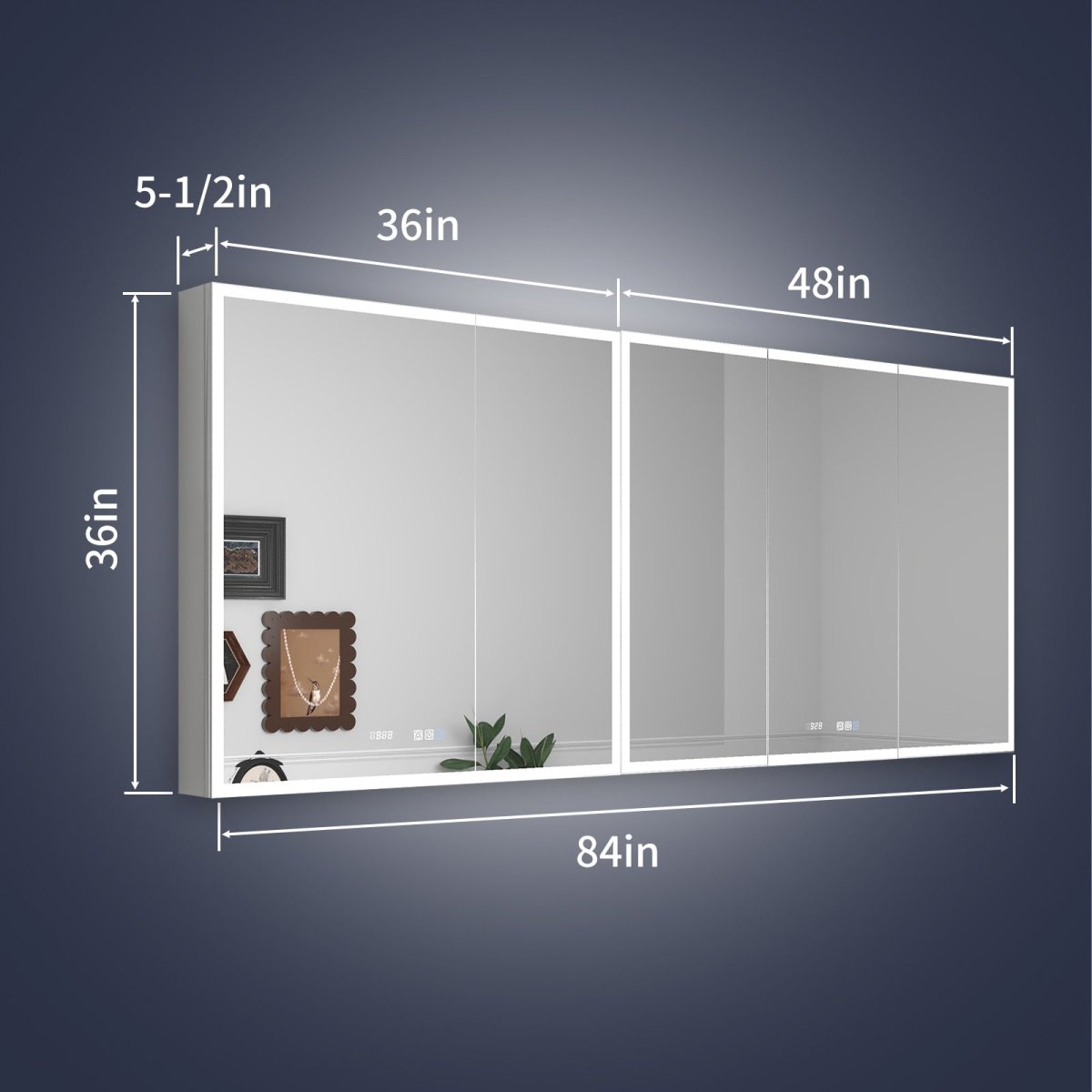 Rim 84" W x 36" H Led Lighted Medicine Cabinet Recessed or Surface with Mirrors,36 - 48