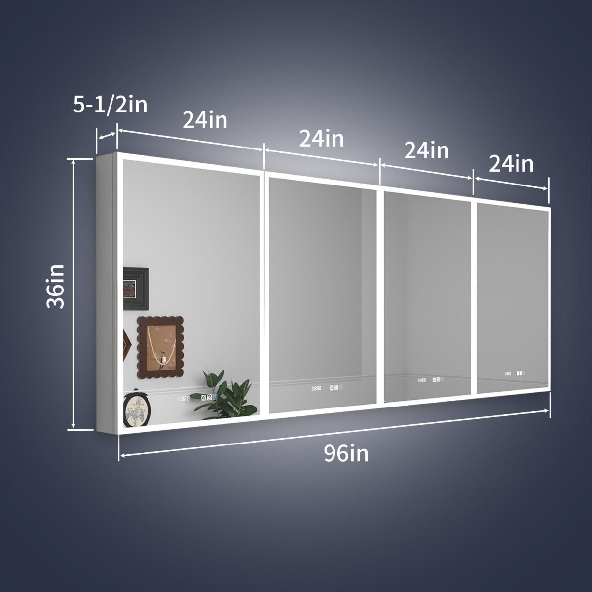 Rim 96" W x 36" H Led Lighted Medicine Cabinet Recessed or Surface with Mirrors