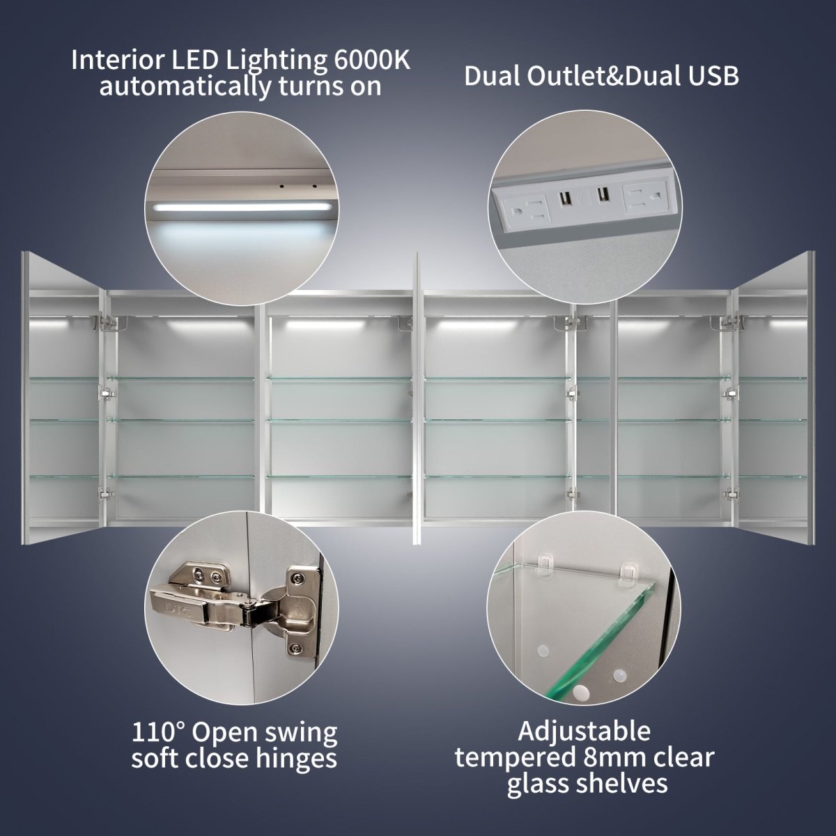 Rim 96" W x 36" H Led Lighted Medicine Cabinet Recessed or Surface with Mirrors