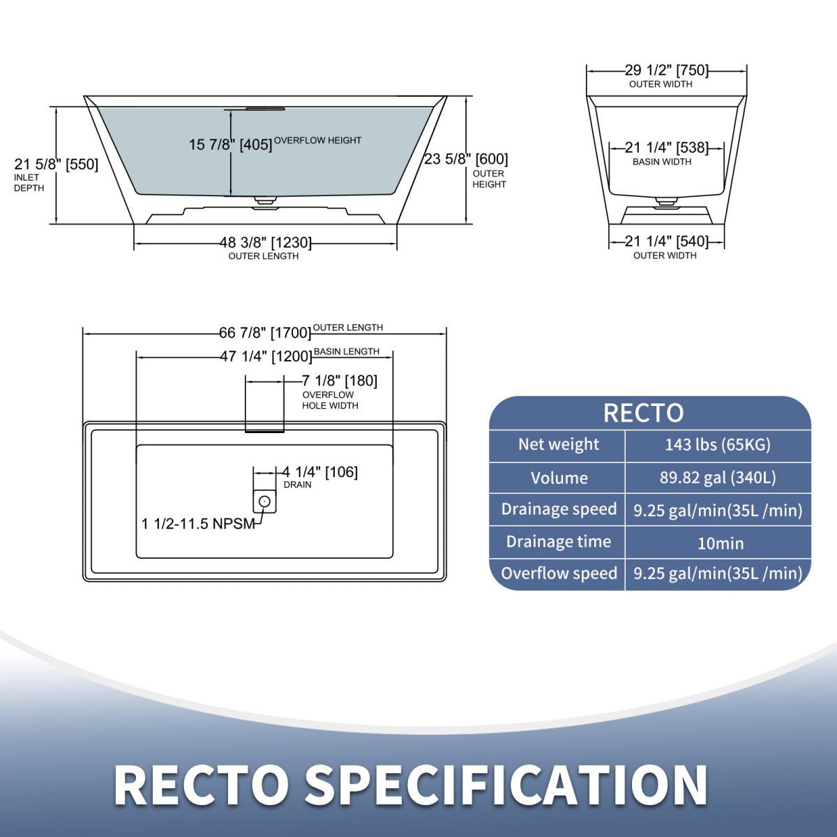 RockR 67" Freeing Soaking Bathtub,Rock Texture New technologies,Classic Rectangle Freestanding tub,Cement grey,cUPC Certified