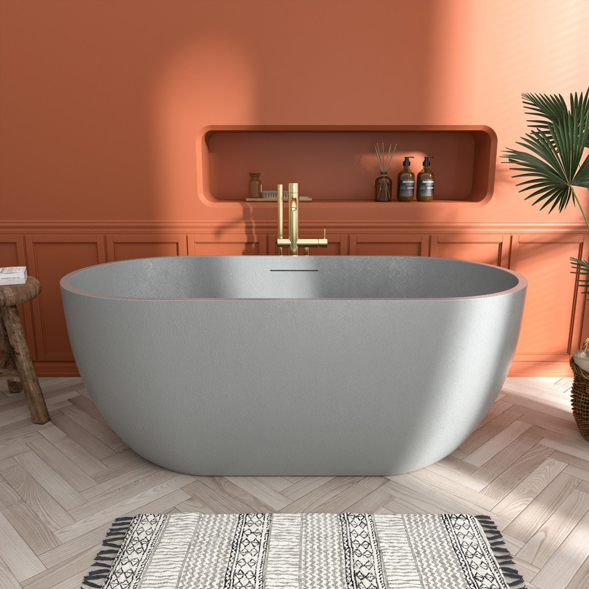 RockX 59" Rock Texture New Technologies Freestanding Bathtub,Cement grey,Scratch - proof,Contemporary Soaking Tub,Large Overflow Port