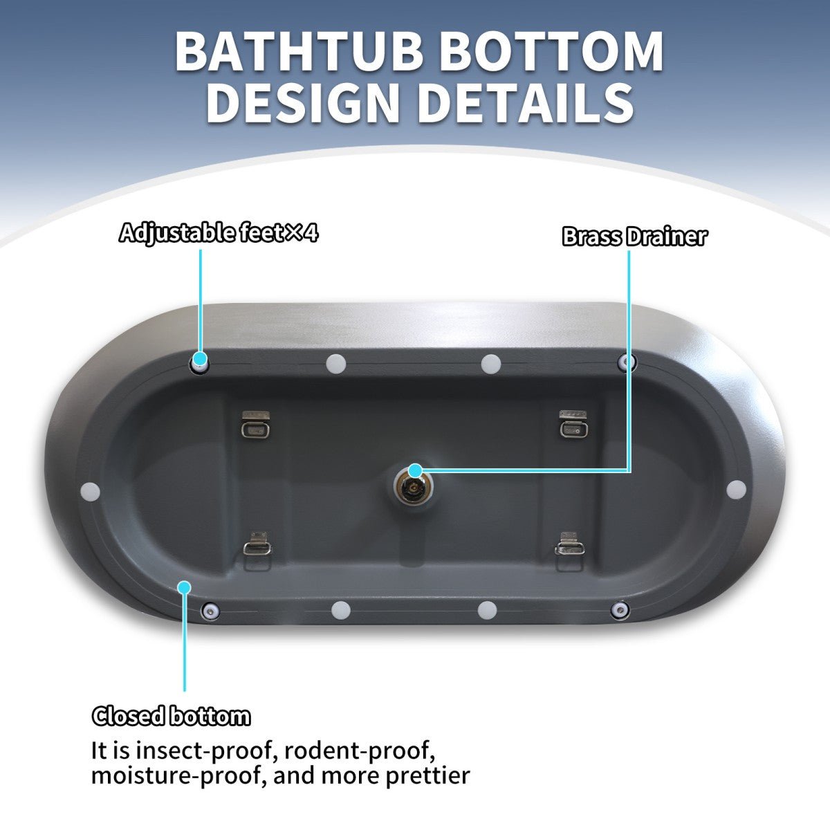 RockX 59" Rock Texture New Technologies Freestanding Bathtub,Cement grey,Scratch - proof,Contemporary Soaking Tub,Large Overflow Port