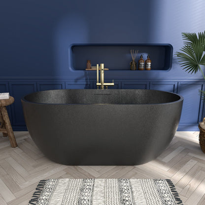 RockX 59" Rock Texture New Technologies Freestanding Bathtub,Pure black,Scratch - proof,Contemporary Soaking Tub,Large Overflow Port