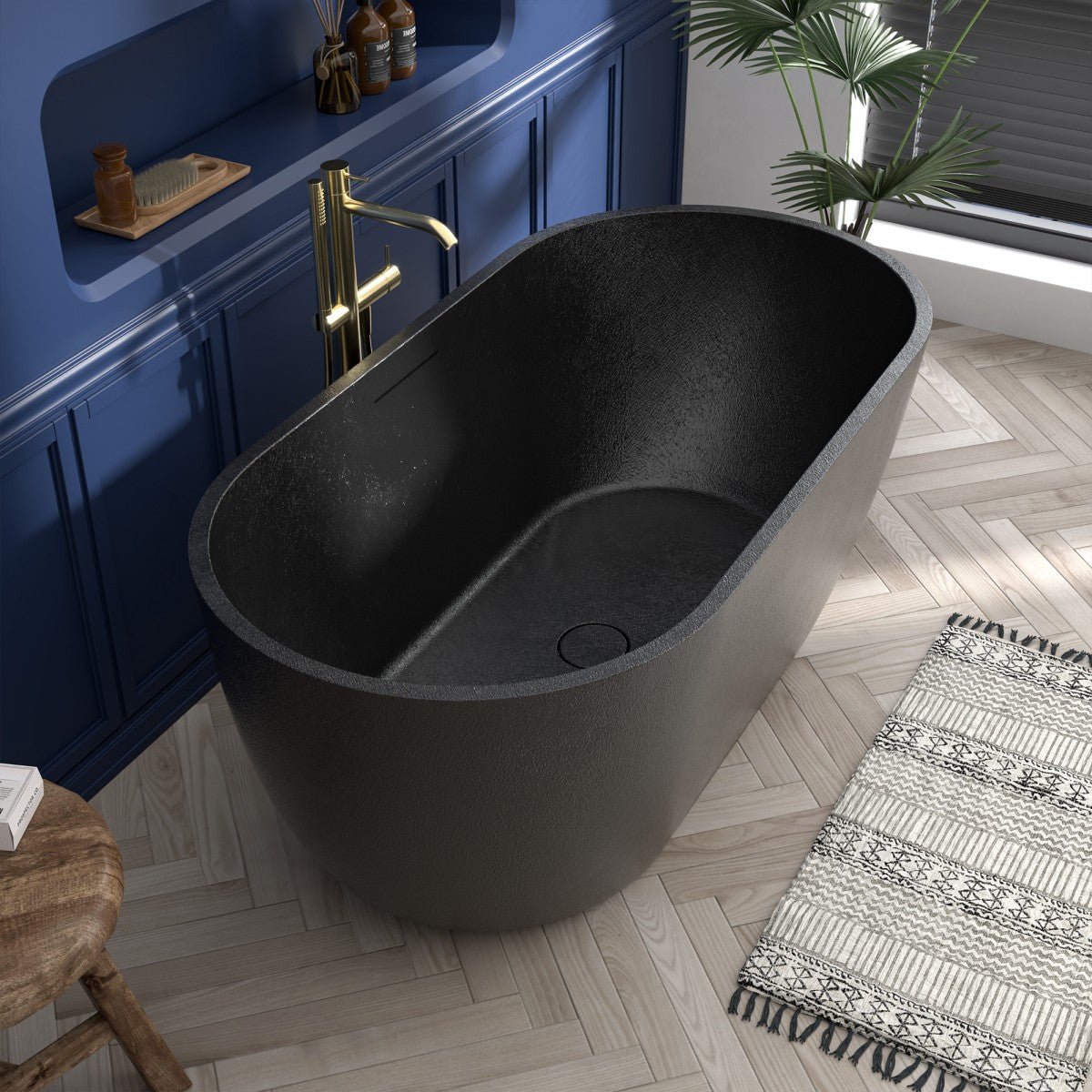 RockX 59" Rock Texture New Technologies Freestanding Bathtub,Pure black,Scratch - proof,Contemporary Soaking Tub,Large Overflow Port