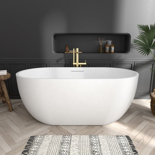 RockX 59" Rock Texture New Technologies Freestanding Bathtub,White,Scratch - proof,Contemporary Soaking Tub,Large Overflow Port