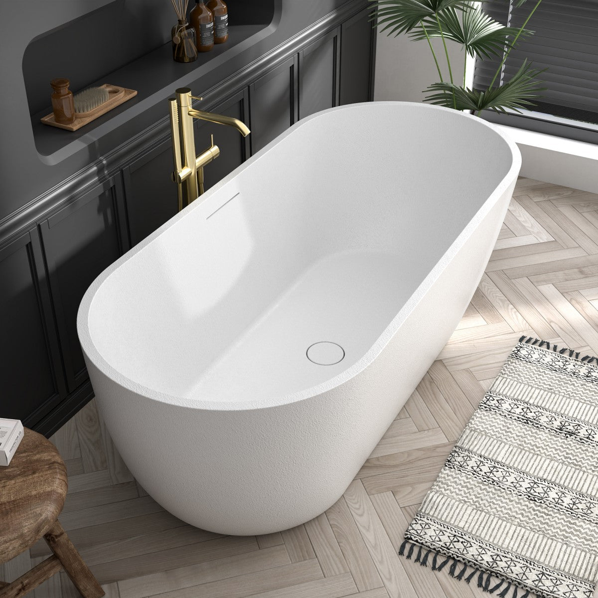 RockX 67" Rock Texture New Technologies Freestanding Bathtub,White,Scratch - proof,Contemporary Soaking Tub,Large Overflow Port