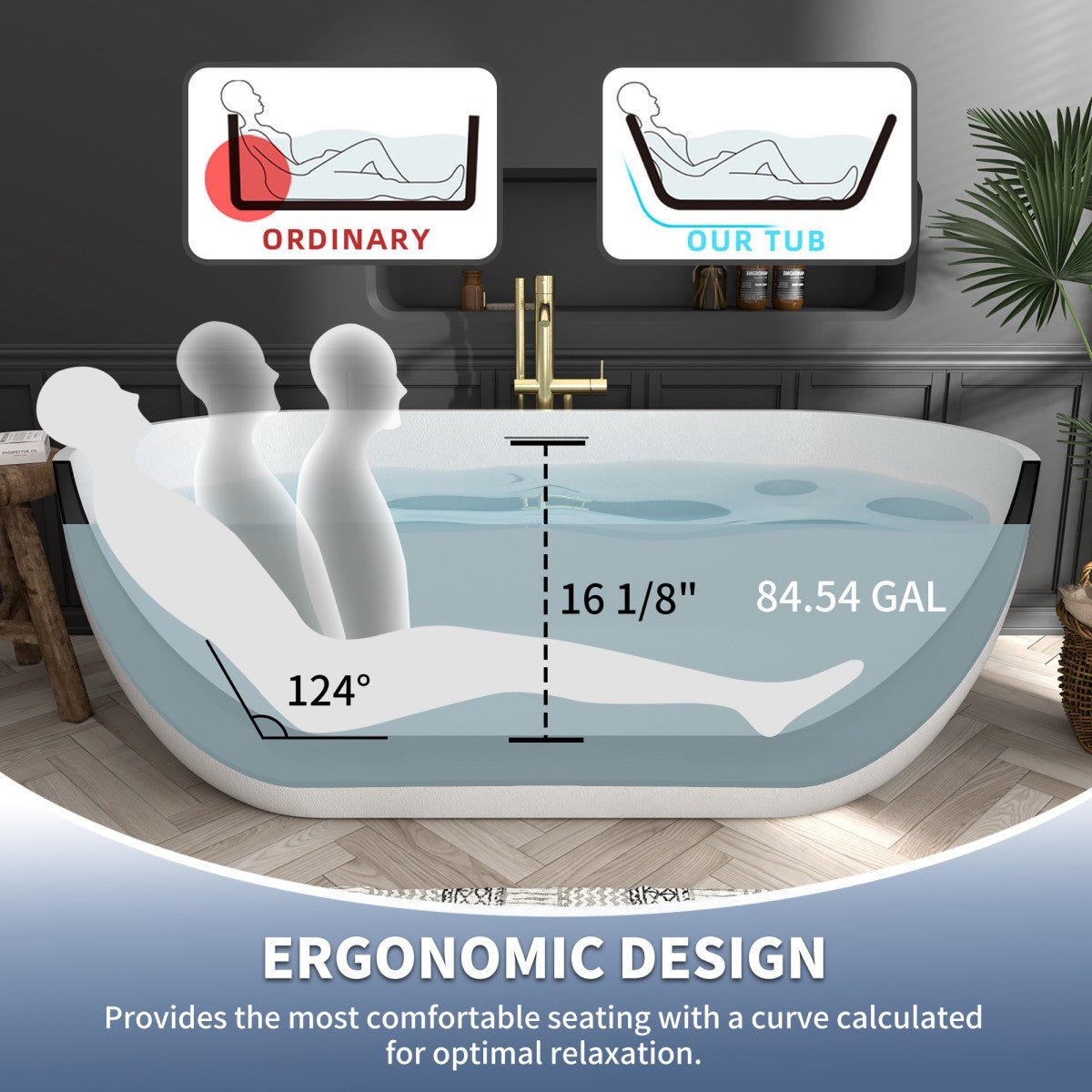 RockX 67" Rock Texture New Technologies Freestanding Bathtub,White,Scratch - proof,Contemporary Soaking Tub,Large Overflow Port