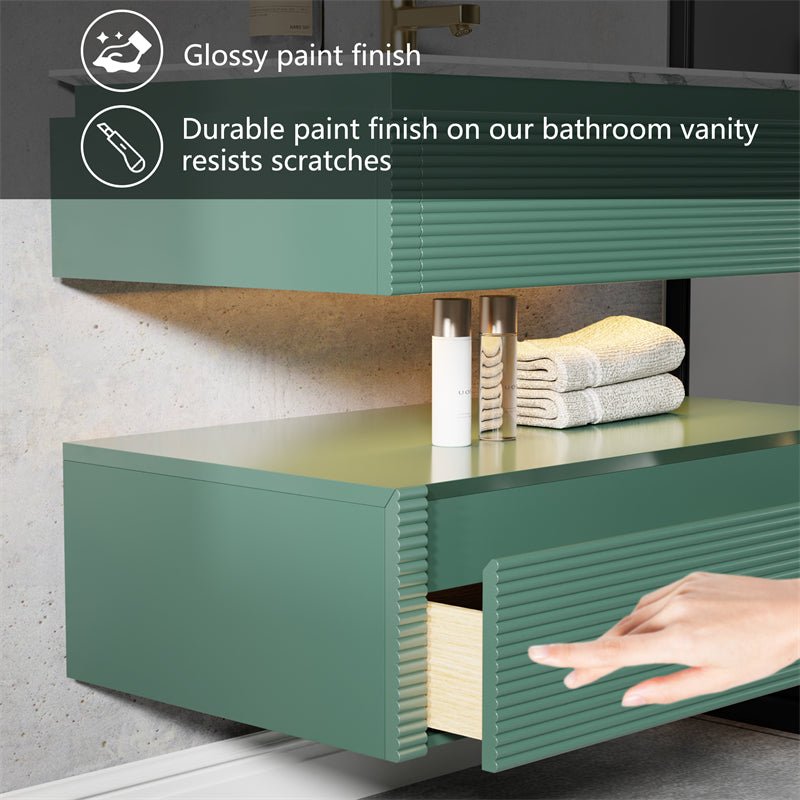 Segeo 36" Modern Solid Oak Floating Bathroom Vanity Cabinet Green with Lights and Artificial Atone Countertop