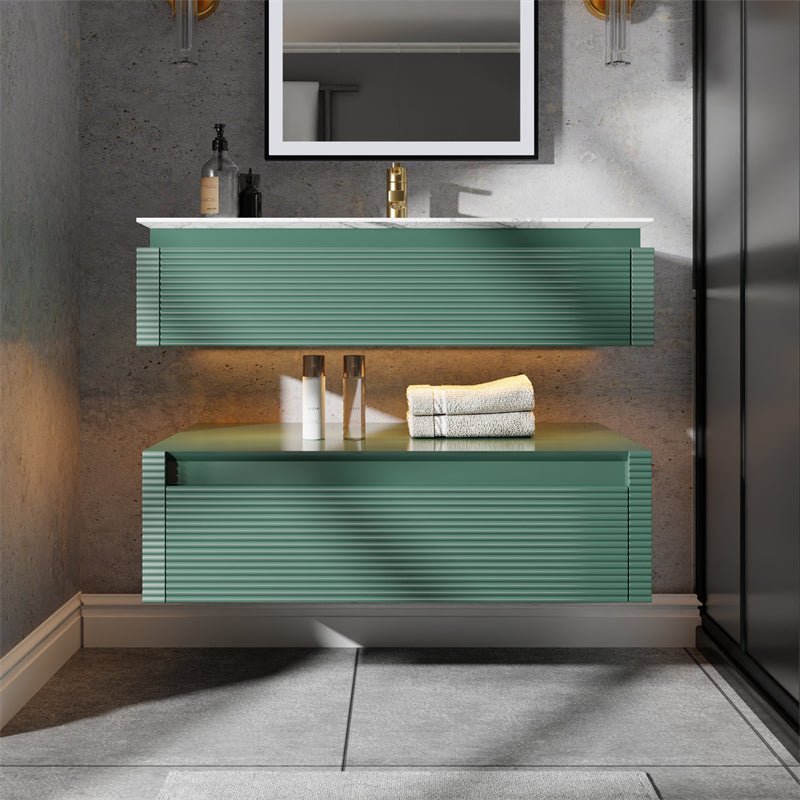 Segeo 36" Modern Solid Oak Floating Bathroom Vanity Cabinet Green with Lights and Artificial Atone Countertop