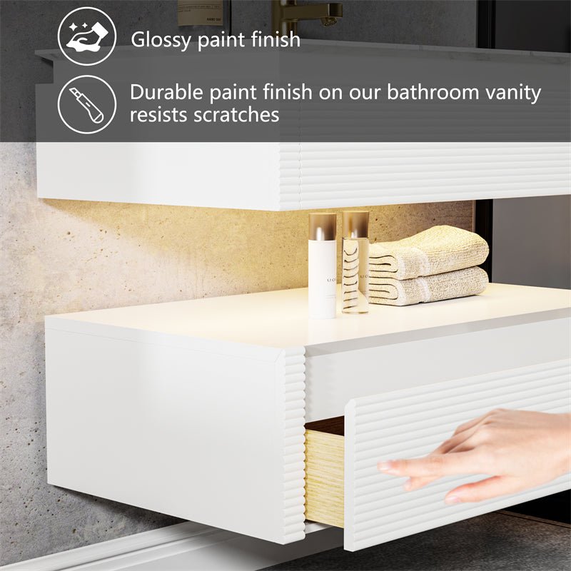 Segeo 36" Modern Solid Oak Floating Bathroom Vanity Cabinet White with Lights and Artificial Atone Countertop