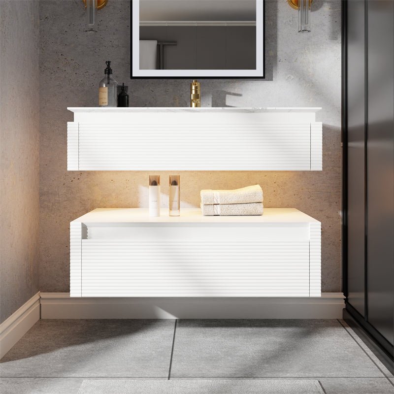 Segeo 36" Modern Solid Oak Floating Bathroom Vanity Cabinet White with Lights and Artificial Atone Countertop