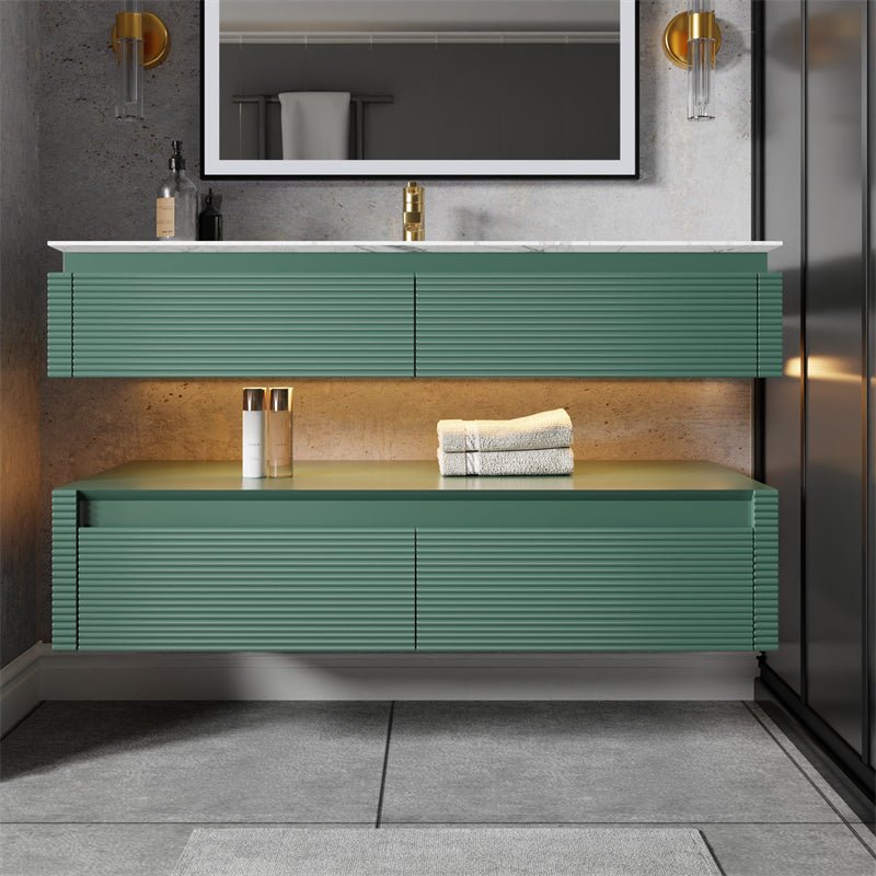 Segeo 48" Modern Solid Oak Floating Bathroom Vanity Cabinet Green with Lights and Artificial Atone Countertop