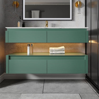 Segeo 48" Modern Solid Oak Floating Bathroom Vanity Cabinet Green with Lights and Artificial Atone Countertop