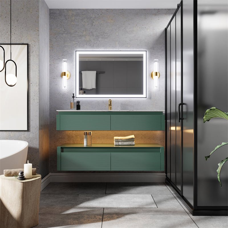 Segeo 48" Modern Solid Oak Floating Bathroom Vanity Cabinet Green with Lights and Artificial Atone Countertop