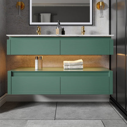 Segeo 48" Modern Solid Oak Floating Bathroom Vanity Cabinet Green with Lights and Artificial Atone Countertop, Dual Basins