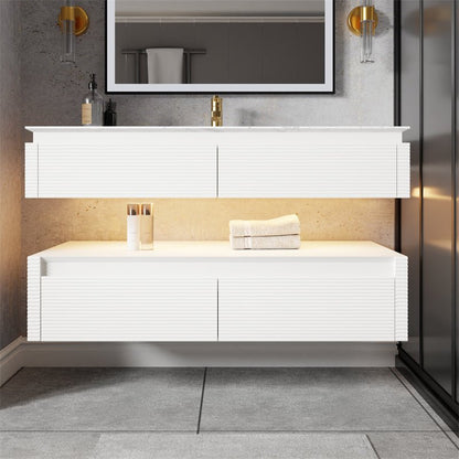 Segeo 48" Modern Solid Oak Floating Bathroom Vanity Cabinet White with Lights and Artificial Atone Countertop