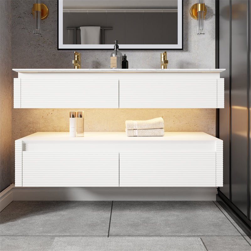 Segeo 48" Modern Solid Oak Floating Bathroom Vanity Cabinet White with Lights and Artificial Atone Countertop, Dual Basins