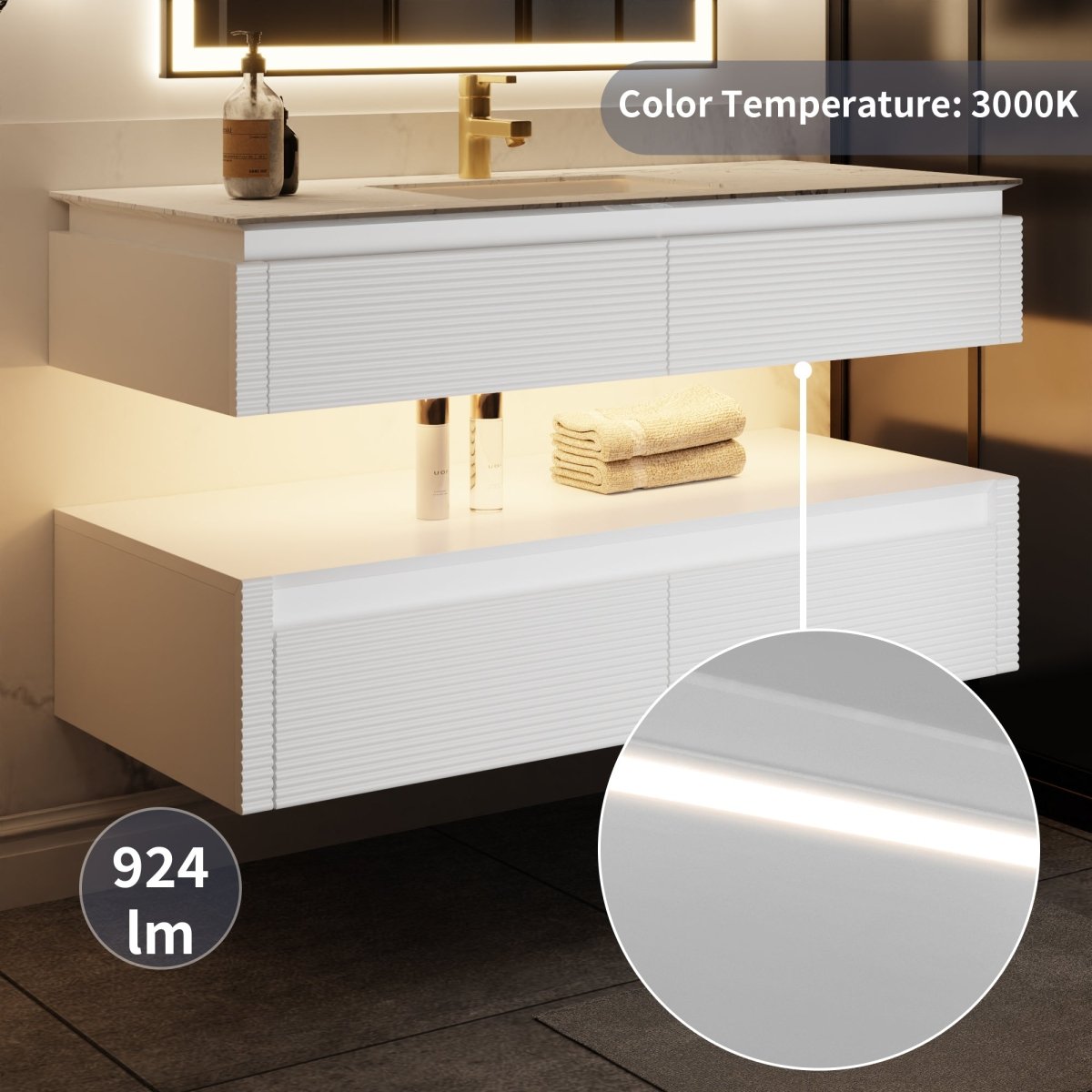 Segeo 48" Modern Solid Oak Floating Bathroom Vanity Cabinet White with Lights and Artificial Atone Countertop, Dual Basins