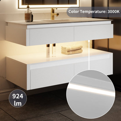 Segeo 48" Modern Solid Oak Floating Bathroom Vanity Cabinet White with Lights and Artificial Atone Countertop, Dual Basins