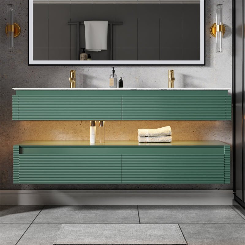 Segeo 60" Modern Solid Oak Floating Bathroom Green Vanity Cabinet with Artificial Atone Countertop