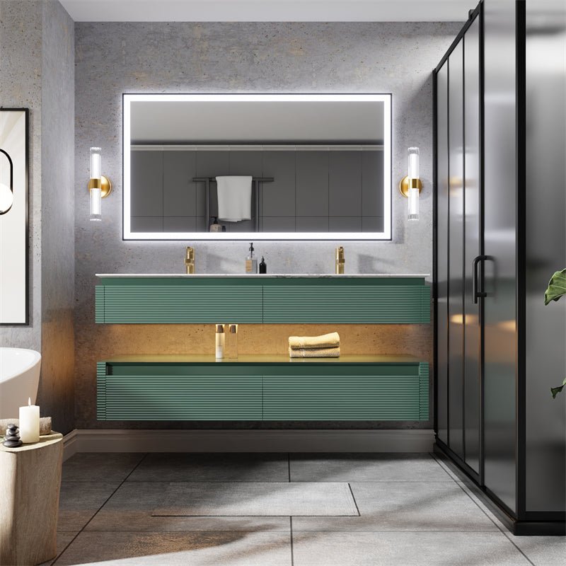 Segeo 60" Modern Solid Oak Floating Bathroom Green Vanity Cabinet with Artificial Atone Countertop