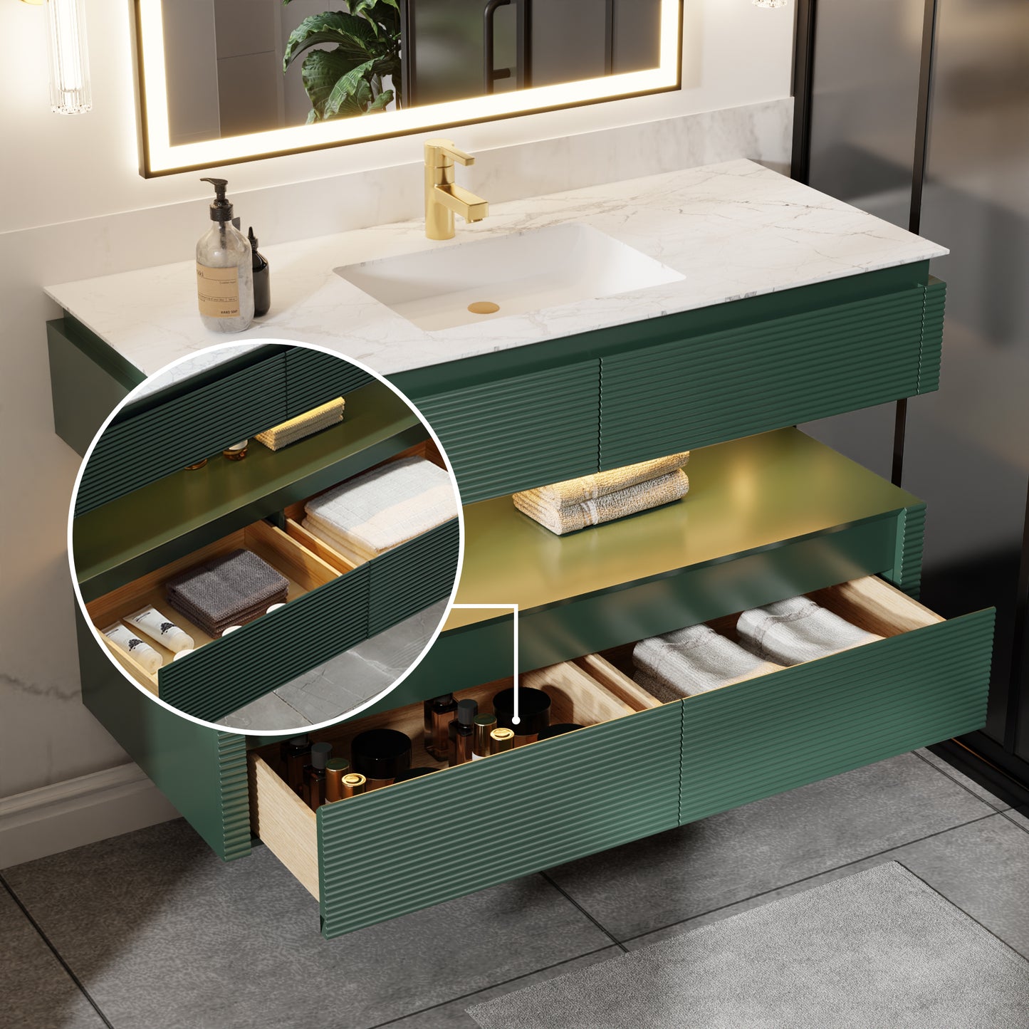 Segeo 48" Modern Solid Oak Floating Bathroom Vanity Cabinet Green with Lights and Artificial Atone Countertop