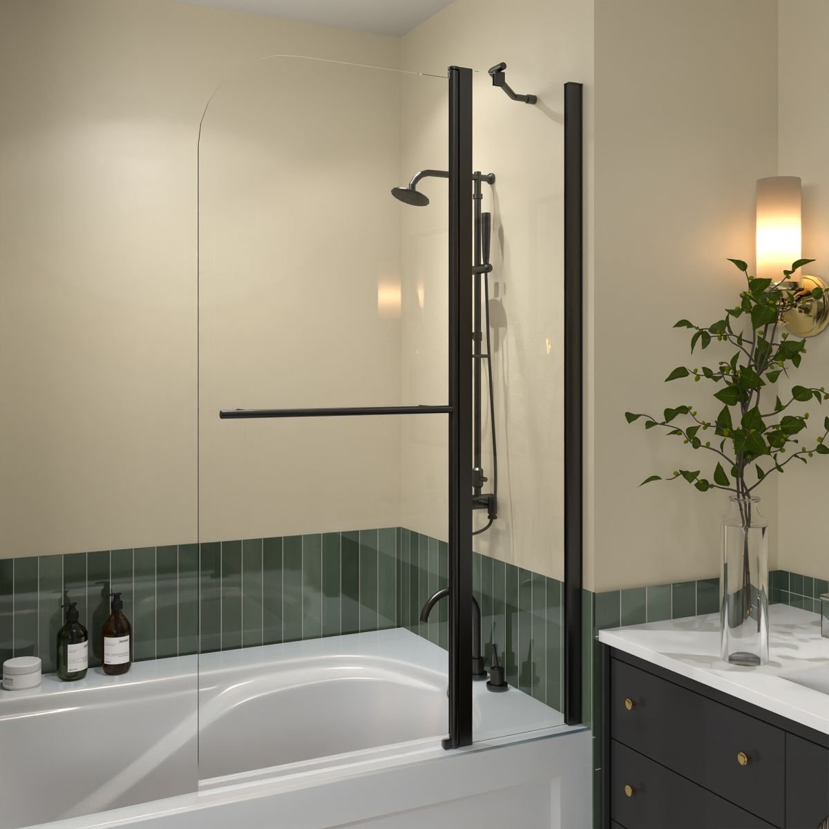 Serenity 33.2 - 34" x 58" Bathtub Screen Panel Pivot Swing Shower Door for Bathtub180° Pivot 8mm Tempered Glass,Black