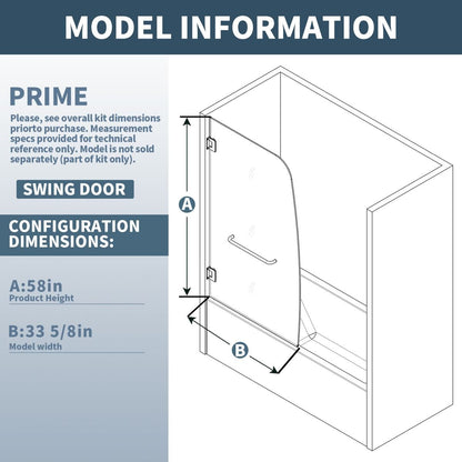 Serenity 33.5" x 58" Bathtub Screen Panel Pivot Swing Shower Door for Bathtub180° Pivot 8mm Tempered Glass,Brush Nickel