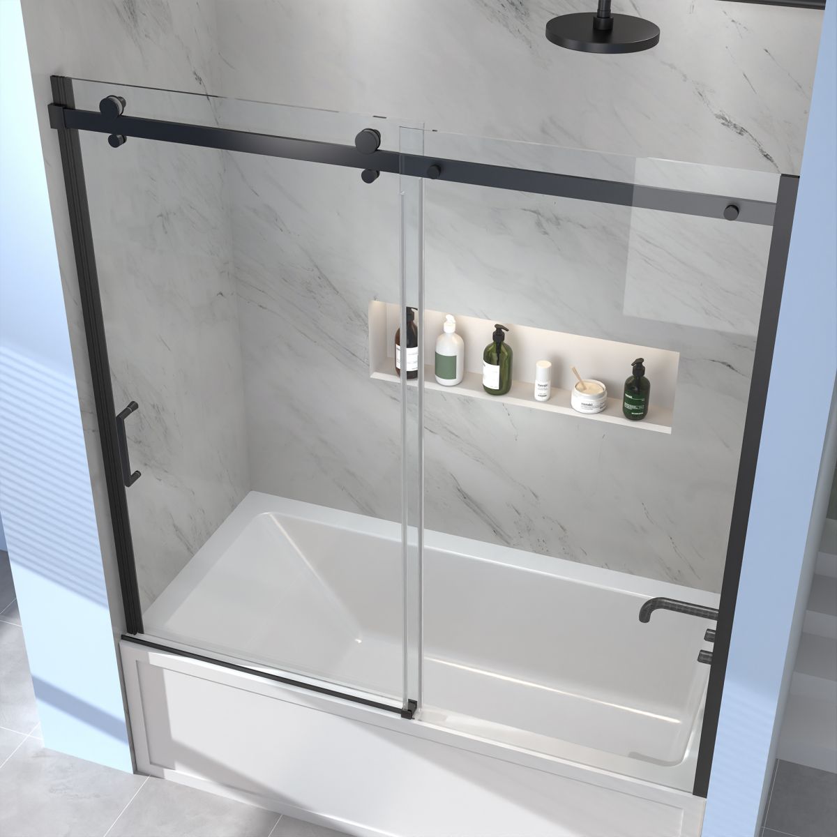 Serenity 56 - 60" Semi - Frameless Single Sliding Tub Door,Matte Black,Bypass Bathtub Shower Tempered Glass Door with Explosion - Proof Film