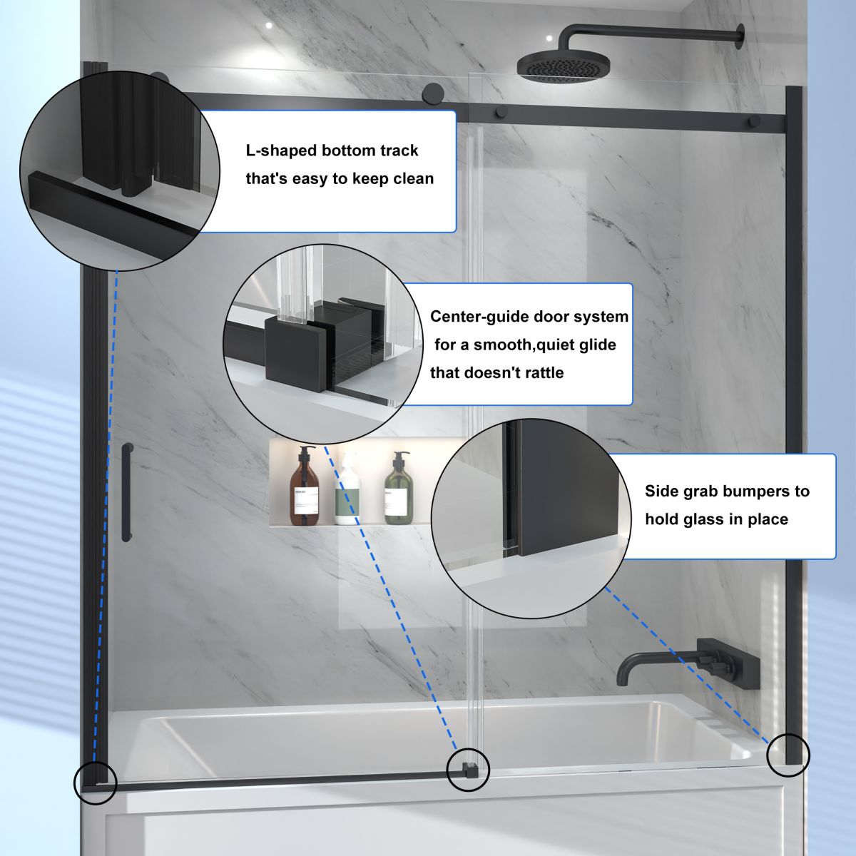 Serenity 56 - 60" Semi - Frameless Single Sliding Tub Door,Matte Black,Bypass Bathtub Shower Tempered Glass Door with Explosion - Proof Film