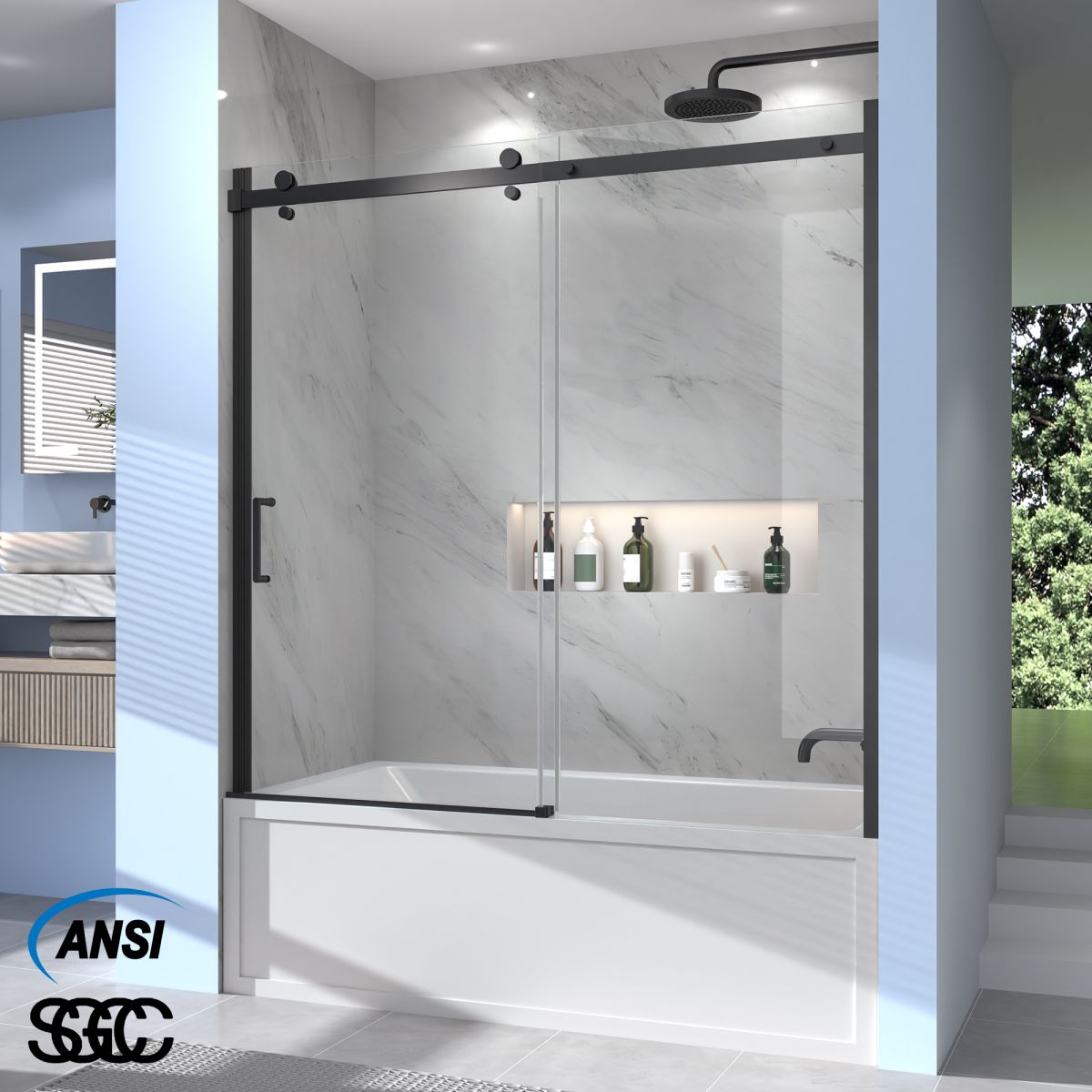 Serenity 56 - 60" Semi - Frameless Single Sliding Tub Door,Matte Black,Bypass Bathtub Shower Tempered Glass Door with Explosion - Proof Film