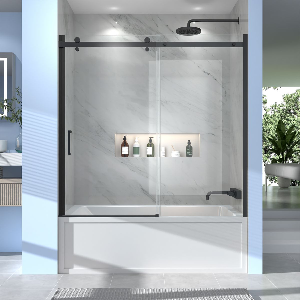 Serenity 56 - 60" Semi - Frameless Single Sliding Tub Door,Matte Black,Bypass Bathtub Shower Tempered Glass Door with Explosion - Proof Film