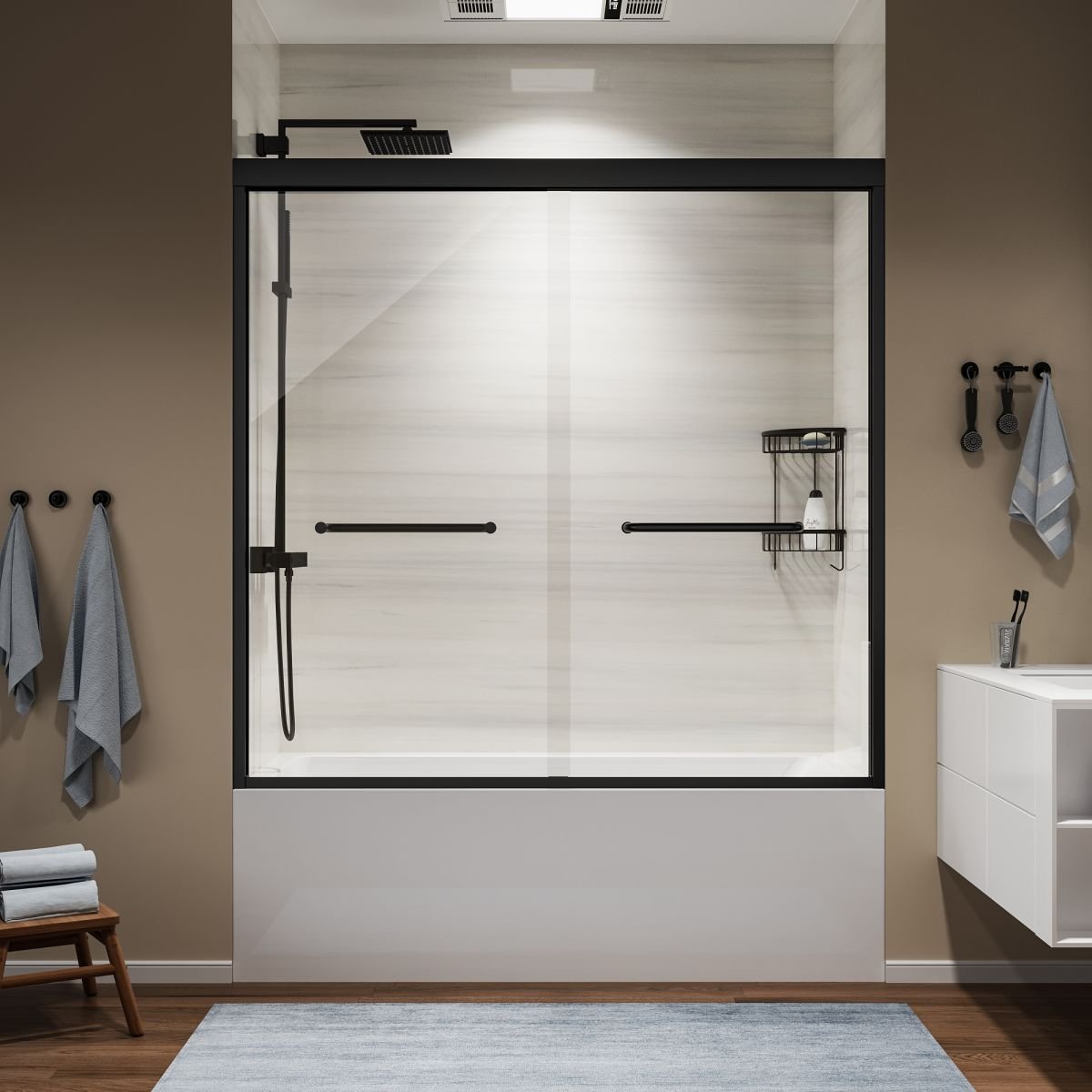 ArcGrace 58-60 in.Semi-Frameless Double Sliding Tub Door,Bypass Bathtub Shower Tempered Glass Door,Matte Black,Explosion-Proof Film