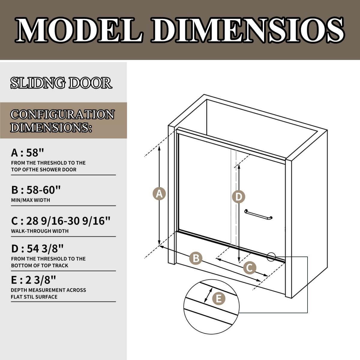 Serenity 58-60 in.Semi-Frameless Double Sliding Tub Door,Bypass Bathtub Shower Tempered Glass Door,Matte Black,Explosion-Proof Film