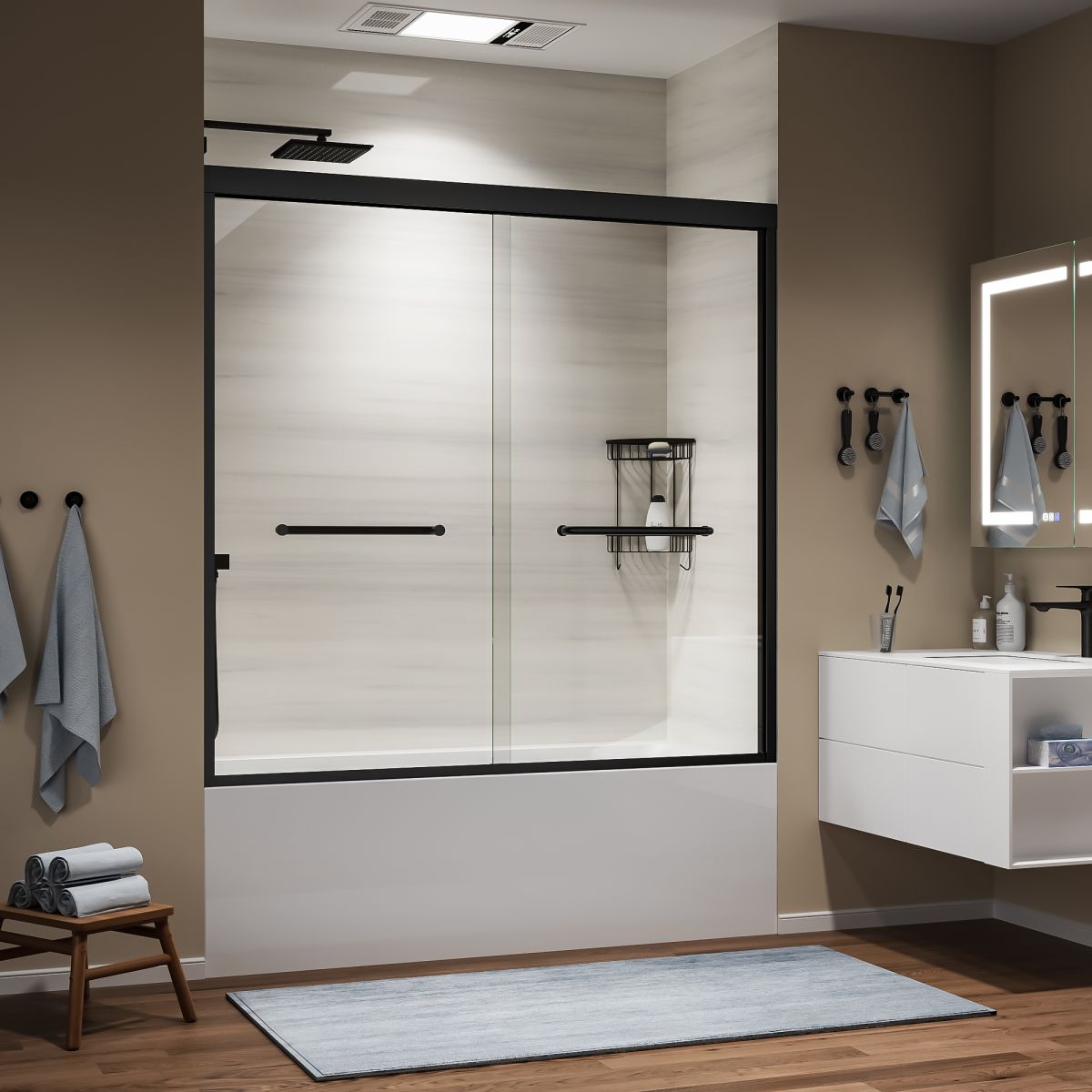 ArcGrace 58-60 in.Semi-Frameless Double Sliding Tub Door,Bypass Bathtub Shower Tempered Glass Door,Matte Black,Explosion-Proof Film