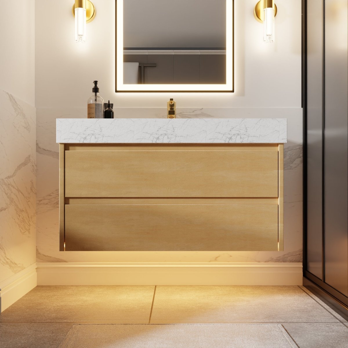 Sleek 36" Modern Floating Maple wood Bathroom Vanity Cabinet with with Lights and Stone Slab Countertop