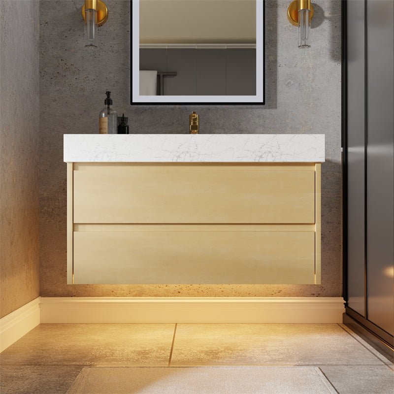 Sleek 36" Modern Floating Maple wood Bathroom Vanity Cabinet with with Lights and Stone Slab Countertop